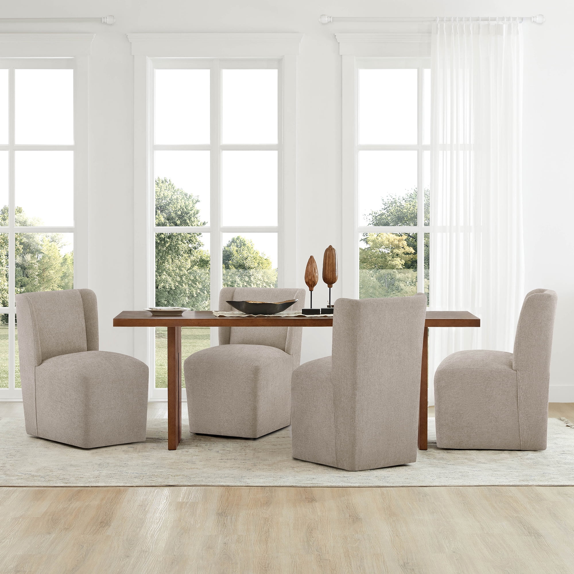 Spruce & Spring Anywhere Upholstered Dining Chair with Hidden Detachable Casters, Stain-Resistant Linen-Look Fabric, Khaki