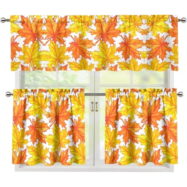Thanksgiving Maple Leave Kitchen Curtains and Valances 3 Piece Set,Valance Curtains for Kitchen Windows Halloween Kitchen Curtains Tiers and Valances for Cafe Living Room Window Decor
