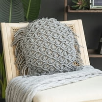 Phantoscope 100% Cotton Handmade Crochet Woven Boho with Tassels Series Decorative Throw Pillow, 16" x 16" Round, Gray, 1 Pack