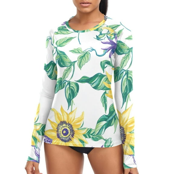 joogoo Womens UPF 50  Rash Guard Sunflowers with Leaves Long Sleeve UV Protection Sun Shirts Tops S