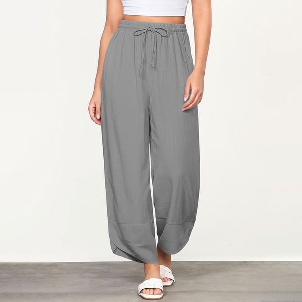 Karight Linen Pants Women Summer Beach Lounge Palazzo Trousers Loose Elastic Plus Size Drawstring with Pockets Pants