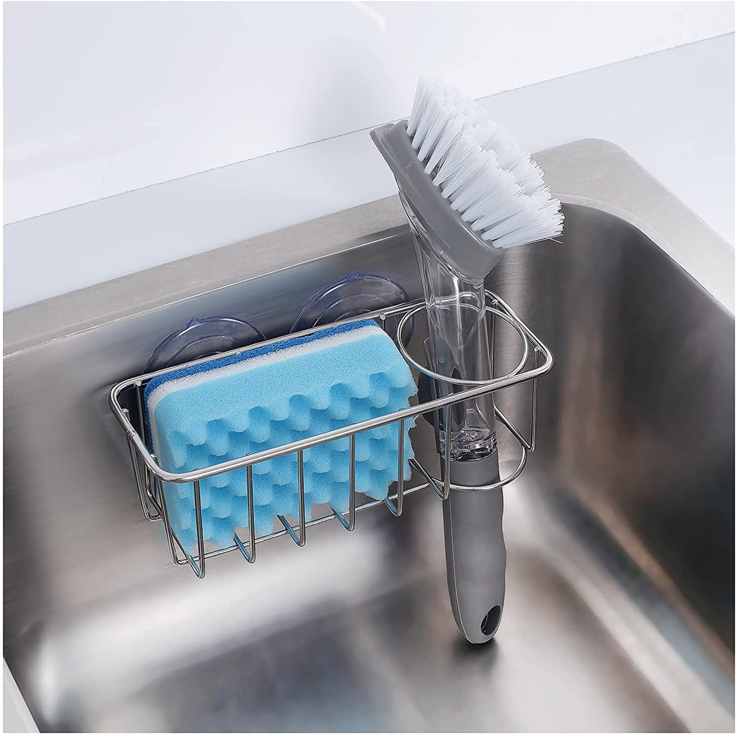 Sink Caddy Sponge Holder + Brush Holder 2 in 1 with Upgraded Suction Cups or Using Adhesive