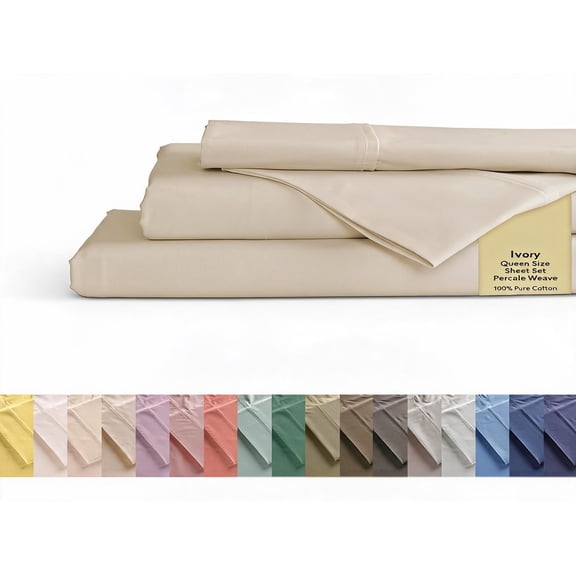 100% Cotton Percale Sheet Set Queen Ivory Deep Pocket 15" Fitted Flat 2 Pillowcases