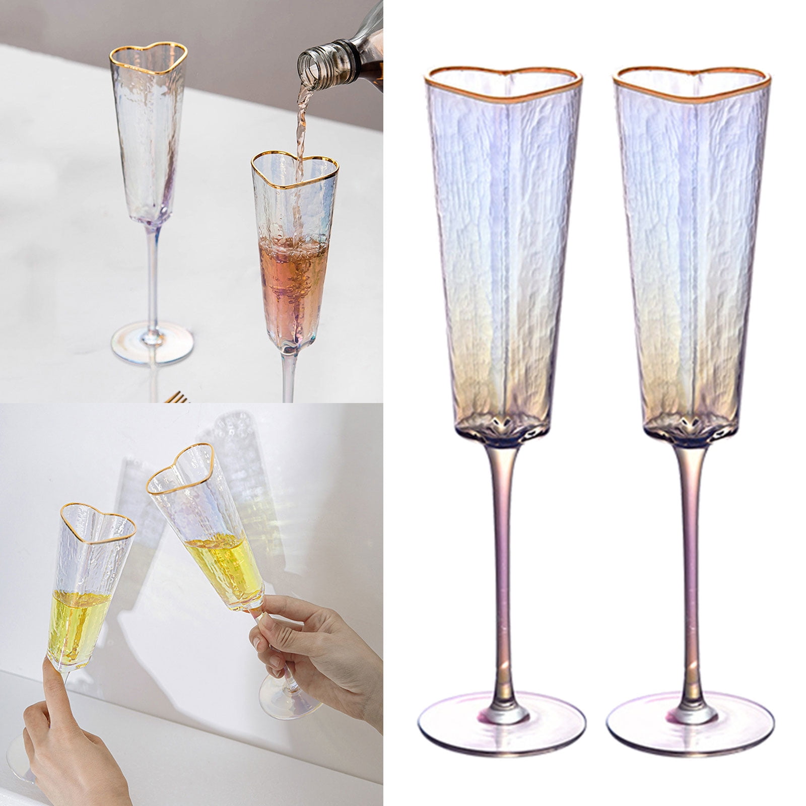 1Pair Elegant Heart Shape Champagne Flute Goblet Gold Rimmed High Stem Glass Cup Wine Drinking Glass for Parties