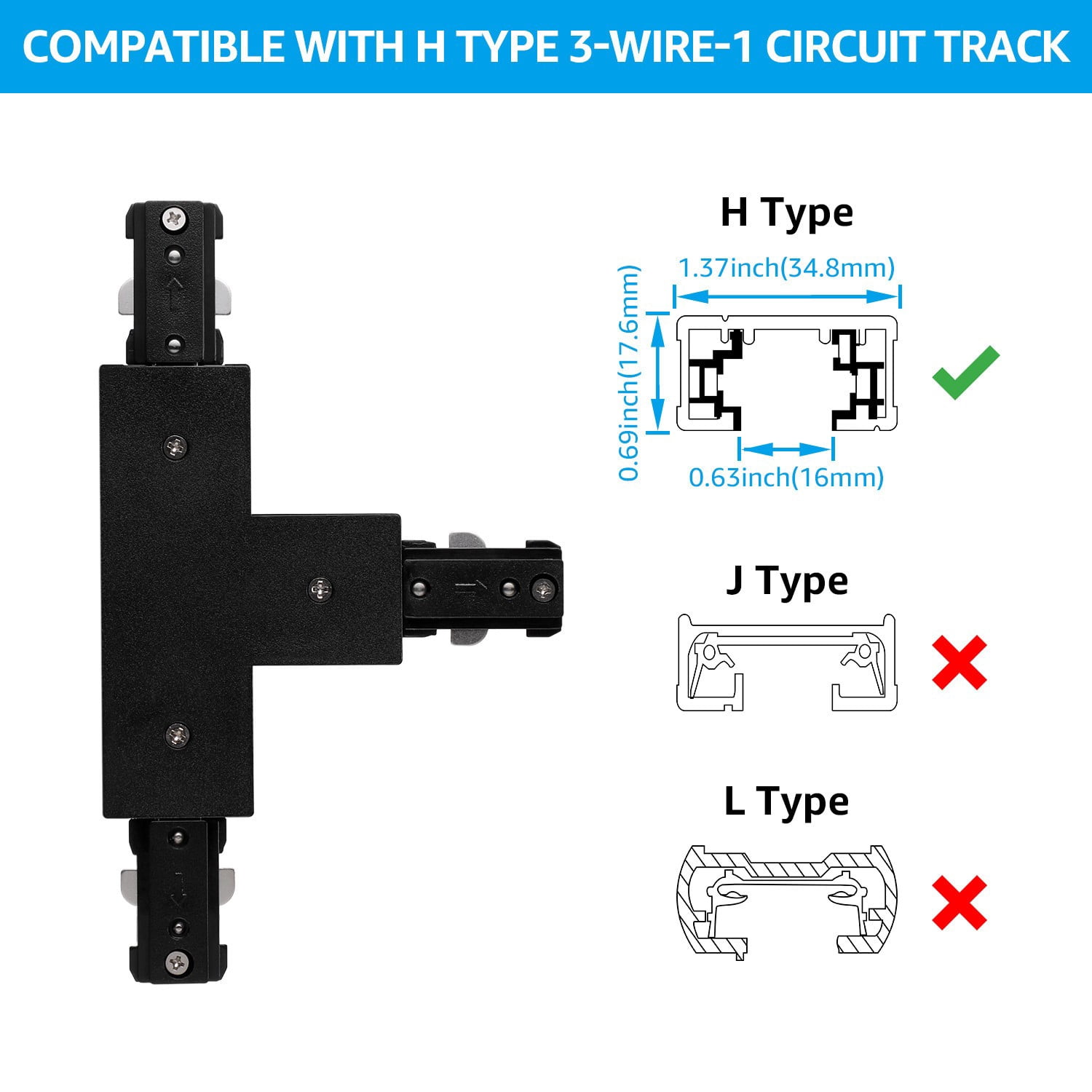 H Track T Connector, H Type Single Circuit 3-Wire-1 Track Lighting Kit, Corner Joiner, UL Listed, Flame Retardant Material, for H Track System, 3 Years Warranty, 120V, Black