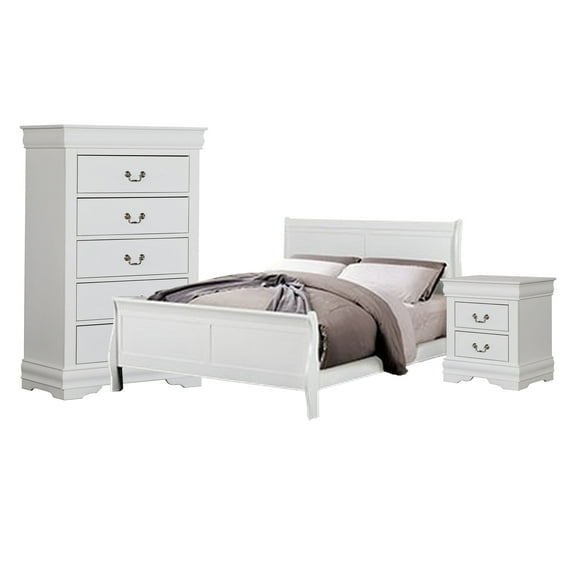 Ry Three Piece Full Size Bedroom Set, Sleek Modern Transitional Style, White