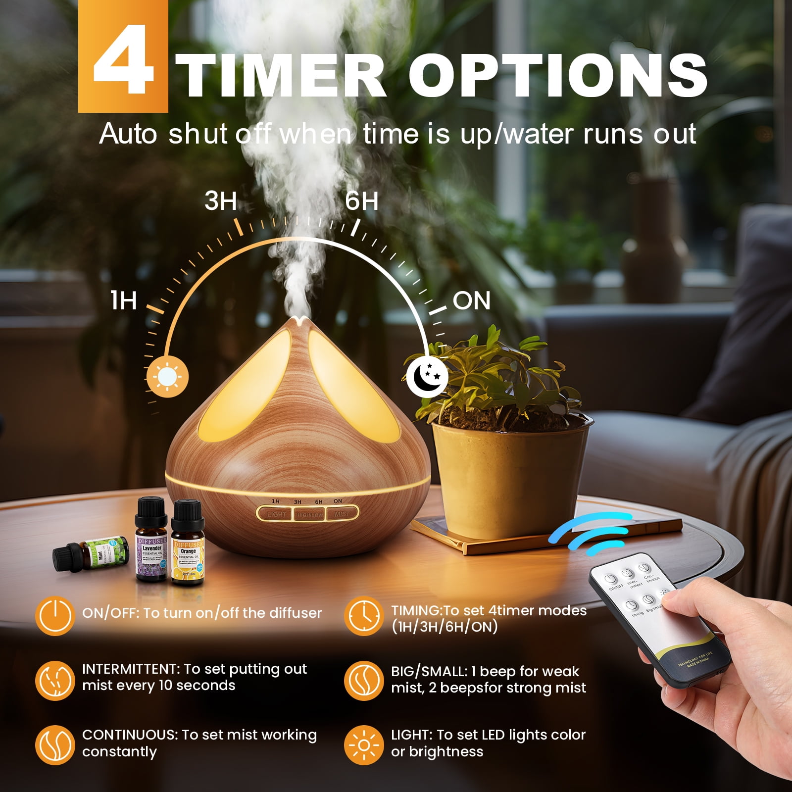 Noahstrong 500ml Essential Oil Diffuser with 8*10ml Essential Oils Set, Woodgrain Aromatherapy Oil Diffusers with Remote Control, Fragrance  Air Humidifier Vaporizer for Large Room Bedroom Office