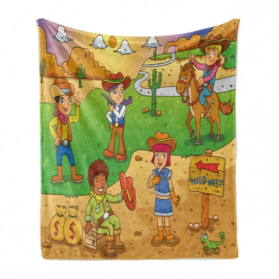 Cartoon Soft Flannel Fleece Throw Blanket, Image of Child Cowboy Wild West Cartoon North America Culture Kids Design, Cozy Plush for Indoor and Outdoor Use, 50" x 60", Brown Green, by Ambesonne
