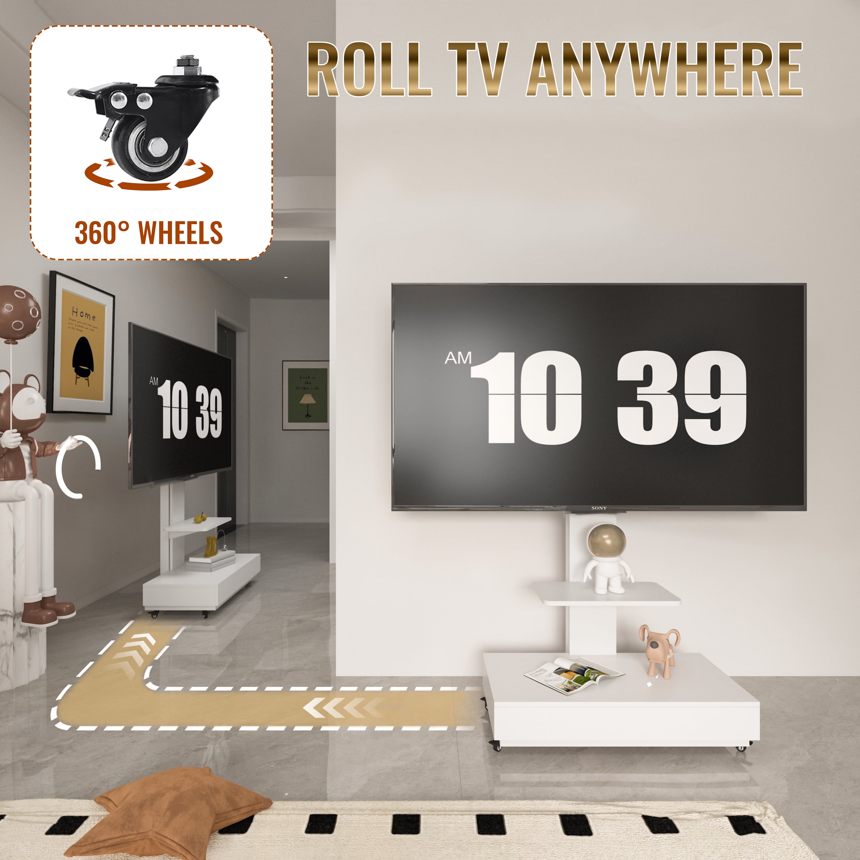 Homy Casa Mobile TV Stand for 32-75 Inch TVs with Wheels, Swivel Adjustable Height Storage Shelf and Drawer