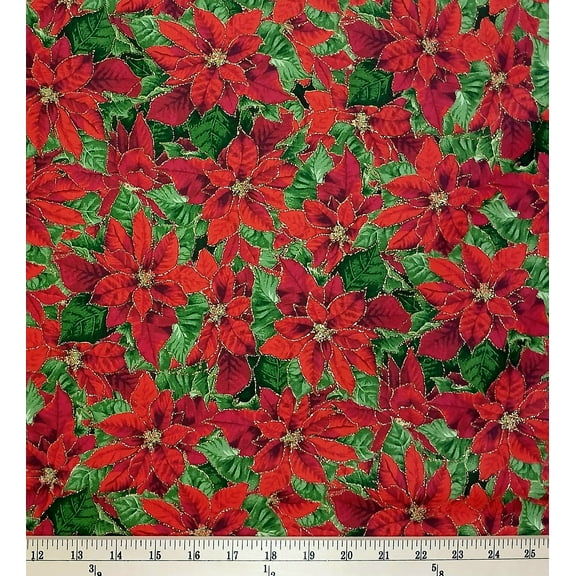 Cotton Christmas Poinsettia Flowers All Over Gold Metallic Glitter Fields Fabrics Cotton Fabric Print by the Yard (10608109)