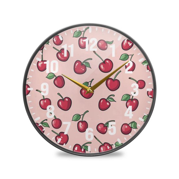 Yayeee Wall Clock Battery Operated 9.5" Silent Quartz Non-Ticking for Living Room Decor, Cherries Pattern