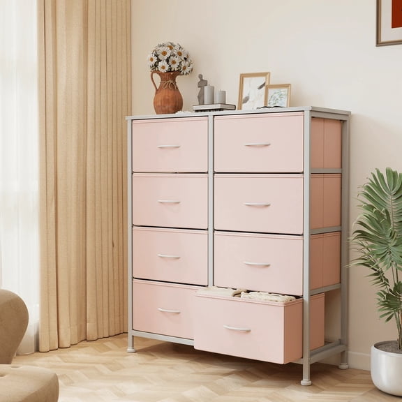 8 Drawer Dresser For Bedroom, Fabric Storage Organizer With Sturdy Metal Frame, Wooden Top Chest Of Drawers For Closet Entryway Guest Room