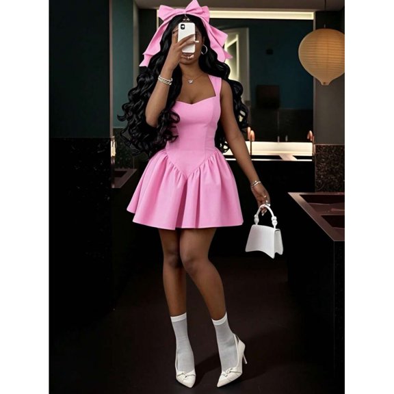 Pink Sweetheart Neck Ruffle Hem A-Line Mini Dress For Adult Women