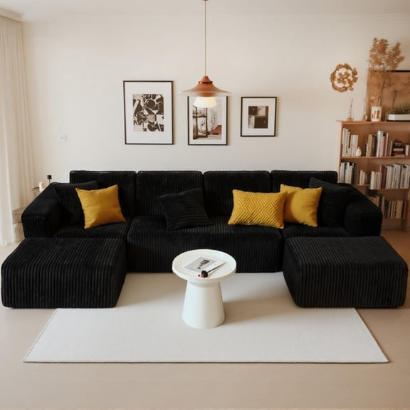 132.6'' Modular U-Shaped Sectional Sofa, 4-Seater Chaise Lounge with Reversible Design, Striped Corduroy Fabric Boneless Couch with Square Arms, No Assembly for Living Room, Bedroom, Black