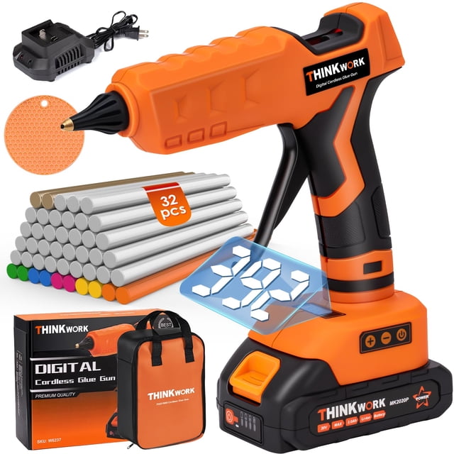 Pistola de pegamento inalámbrica THINKWORK 20 V 100 W con 32 barras de pegamento y accesorios