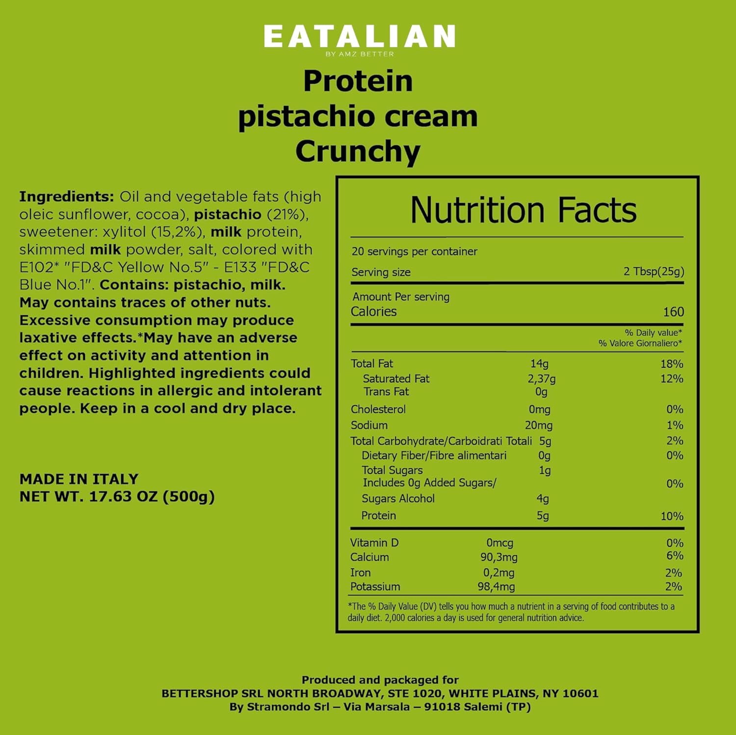 EATALIAN by AMZ BETTER Spreadable Crunchy Pistachio Protein Cream 17.63 oz/ 500 gr, Pistachio Cream with Grains, Protein Paste, Sweet Taste, Ideal on Bread Excellent for Dubai Chocolate, Made in Ital