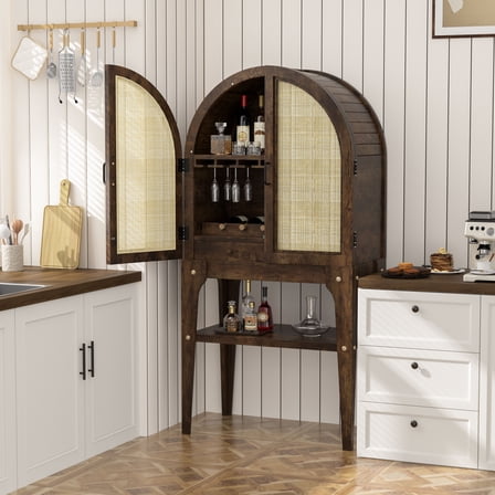 VEIKOUS Arched Wine Storage Cabinet with Rattan Doors, 31''W X 15.3''D X 64''H