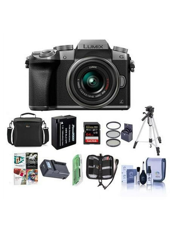 Lumix DMC-G7 Mirrorless Micro Four Thirds Camera with 14-42mm Lens, Silver - Bundle with Camera Case, 64GB SDXC U3 Card, Spare Battery, Tripod, 46mm Filter Kit, Software Package, And More