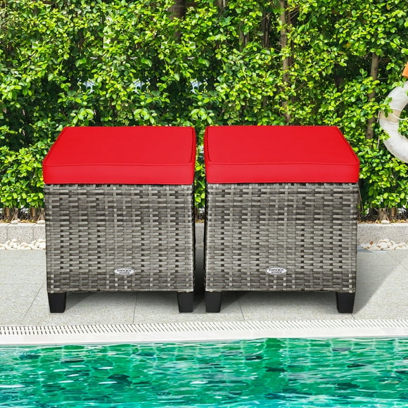Gymax Ensemble de 2 Poufs Repose-Pieds en Rotin pour Patio Repose-Pieds en Osier avec Coussins Rouges