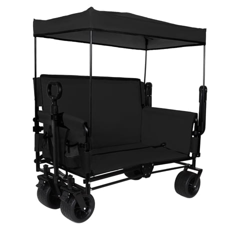 3-in-1 Folding Wagon Cart with Bench Seat & Canopy & Storage, 500lbs Heavy-Duty, 180L Capacity, All-Terrain Wagon for Camping, Beach, Sports, & Garden, Black
