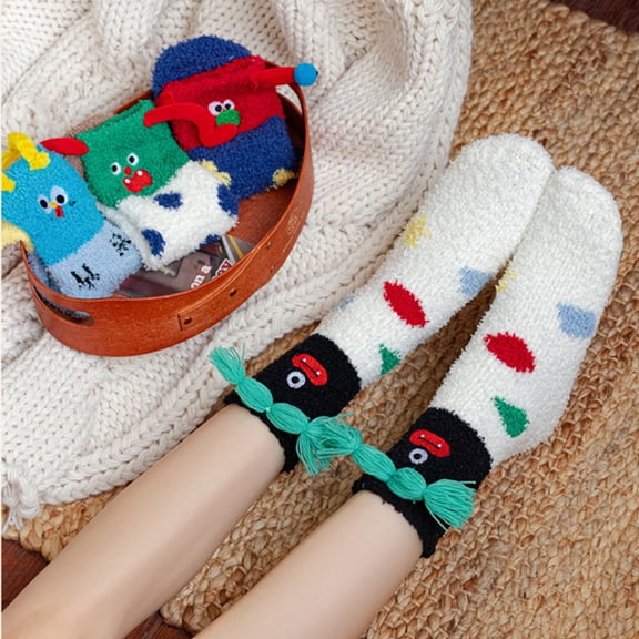 YABCSAZ Women Winter Fuzzy Socks Coral Fleece Thickened Warm Floor Socks with Embroidered Faux Fur Plush Cozy Socks for Indoor Lounging, One Size EU 36-40, Green