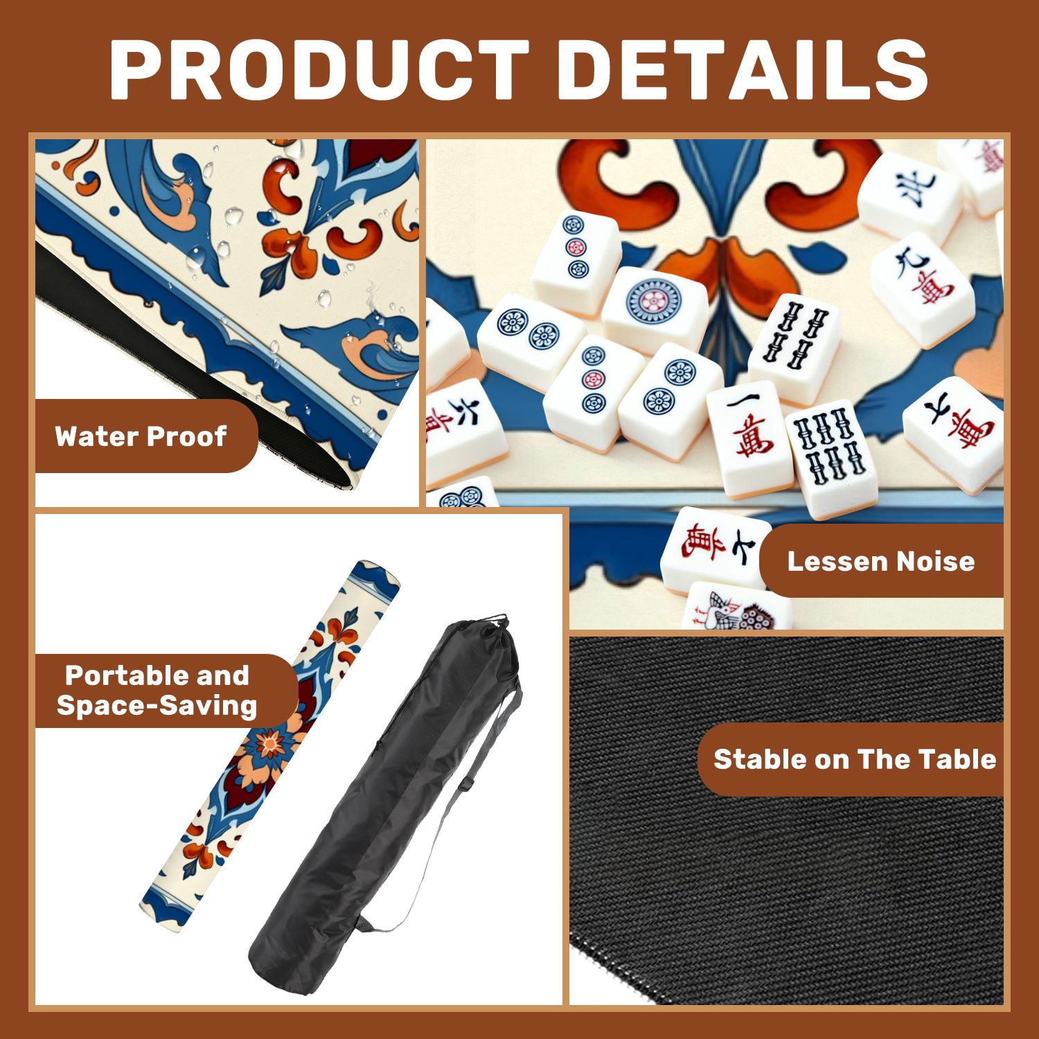 Mahjong Mat 31.5" x 31.5" Ornamental Floral Tile Blue Orange Symmetrical Design Non-Slip Noise Reduction American Mahjong Tiles Table Cover for Dominoes Poker Card Board Games Gift