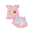 thumbnail image 4 of Zaveiop Toddler Baby Girl Halloween Outfit Little Baby Girls Summer Fall Clothes Ghost Pumpkin Embroidered Flying Sleeve Ruffled Hem Shirt Tops and Plaid Shorts 2 Piece Set Size 3-4 Years, 4 of 4