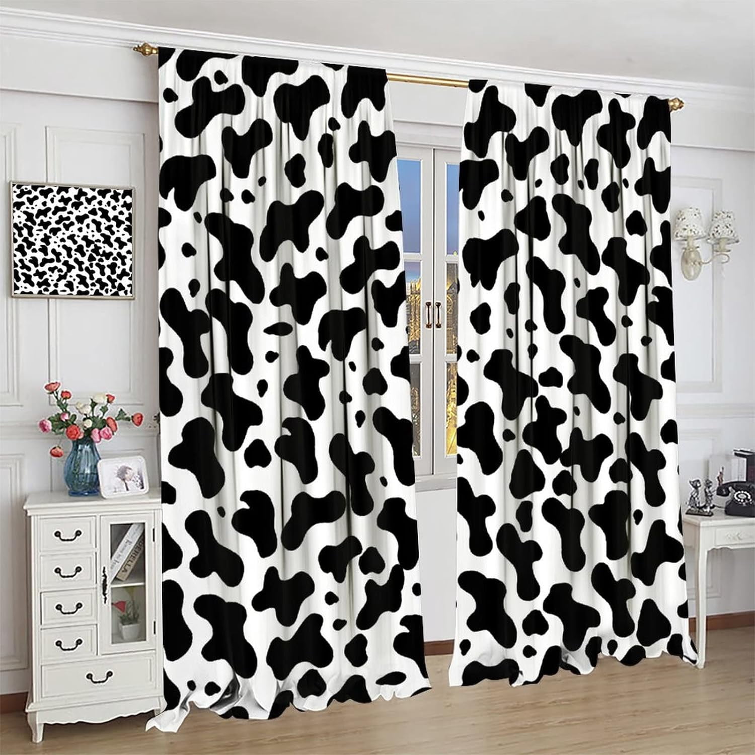 Cow Print Curtains Rustic Farmhouse Animal Black and White Spots Pattern Blackout Print Rod Pocket Window Drapes for Bedroom Living Room 42x54in