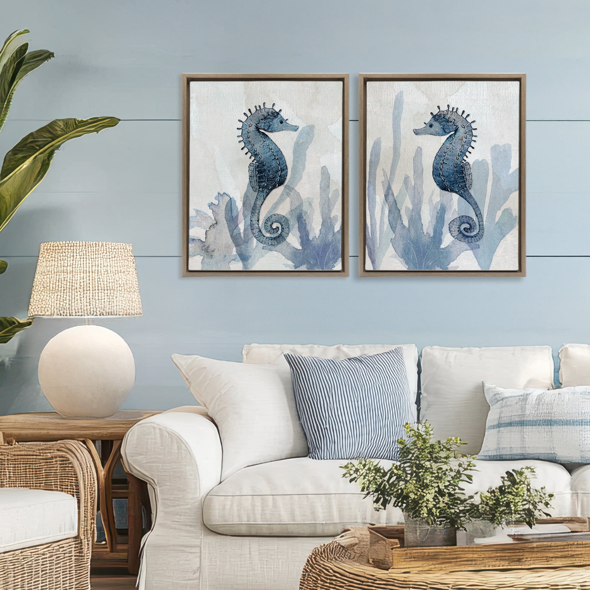 Stupell Industries Impressions of Seahorses 2 Piece Brown Framed Floater Canvas Set, design by Susan Jill