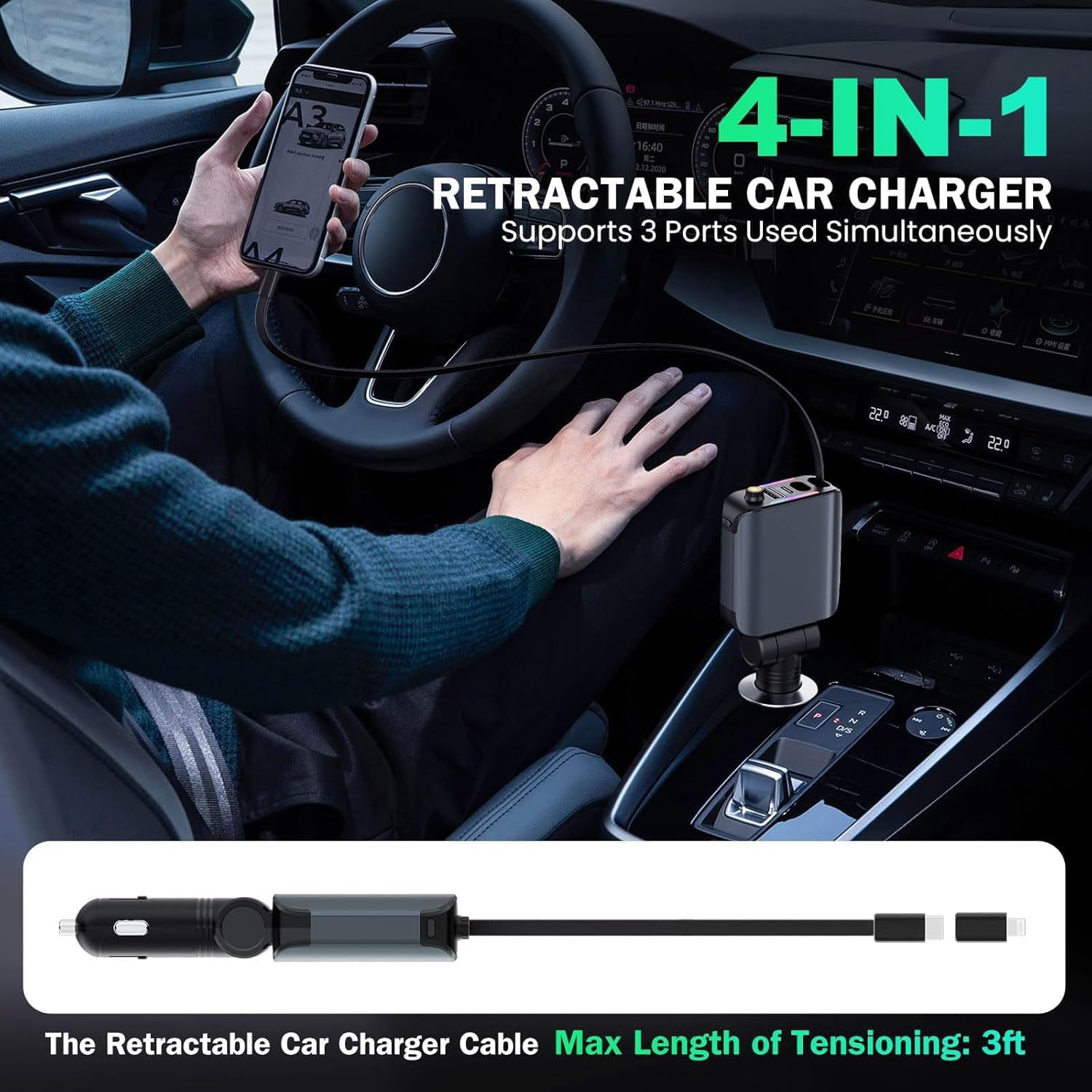 RGHJAR-Retractable Car Charger with Starlight, 4 in 1 [120W] USB C for iPhone and Android Car Charger Fast Charging, Compatible with iPhone 16/15/14/13/12/11, Valentines Gifts for Women Men (Dark Gre