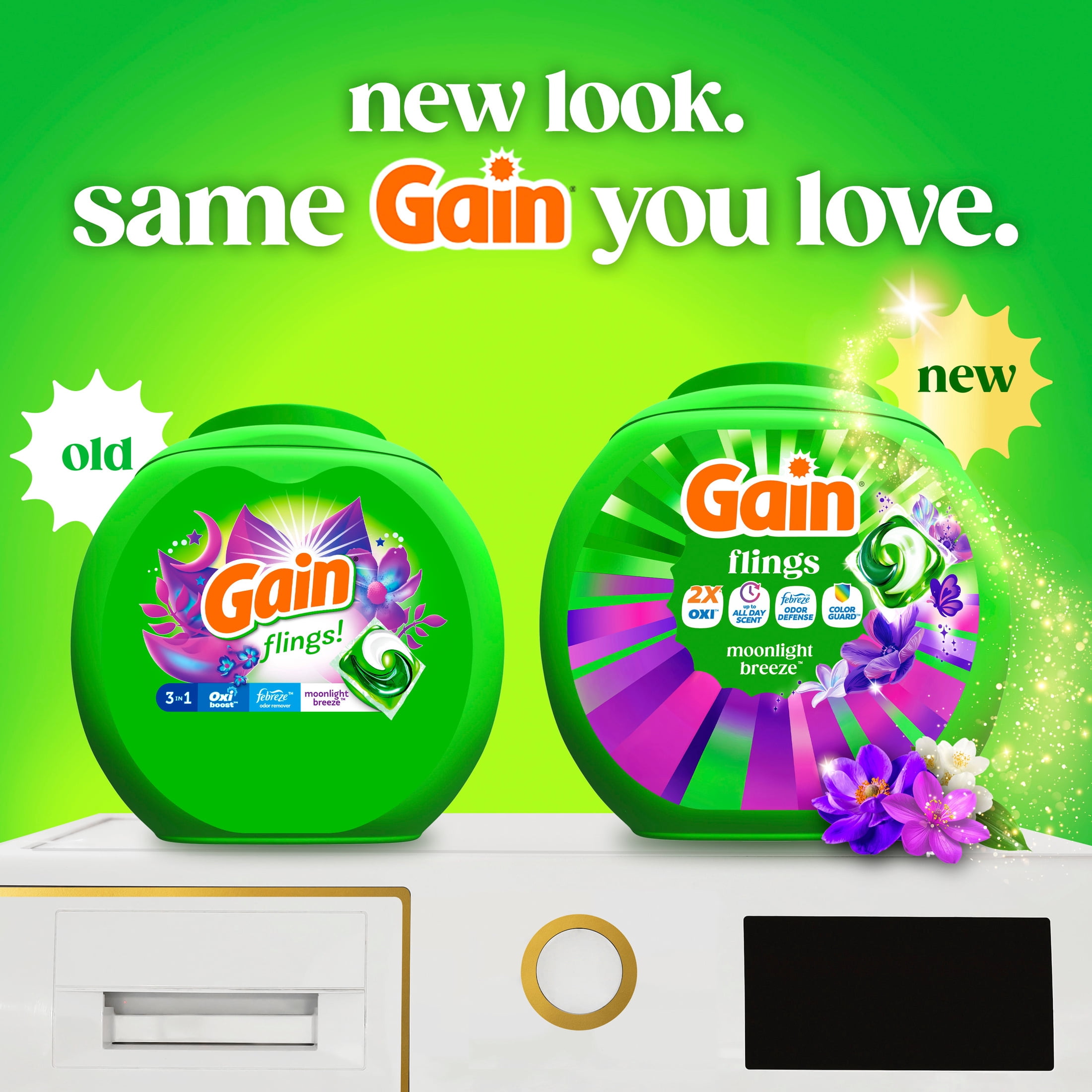 Gain Flings Laundry Detergent Soap Pacs, 4-in-1 Oxi Boost and Febreze, Moonlight Breeze Scent, 60 Count
