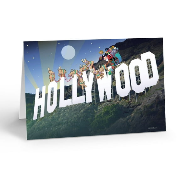 Santa and Reindeer Have Arrived in Hollywood Holiday Card - 12 Cards and Envelop