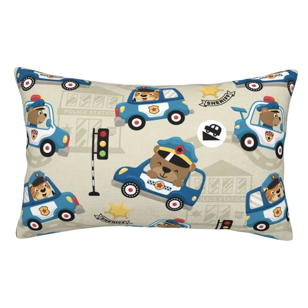 Fotbe Animals Driving Police Car Funda de Almohada Decorativa Estilo Occidental, Lujo en Algodón, Fundas para Almohadas King, Cojín Estampado para Decoración del Hogar-16"x24"