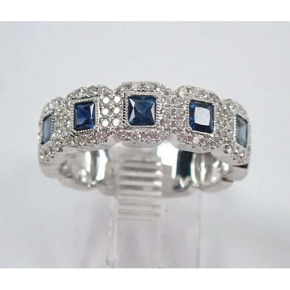 2.00Ct Princess Cut Simulated Diamond Blue Sapphire Wedding Eternity Band Ring 14k White Gold Plated 925 Sterling Silver For Women
