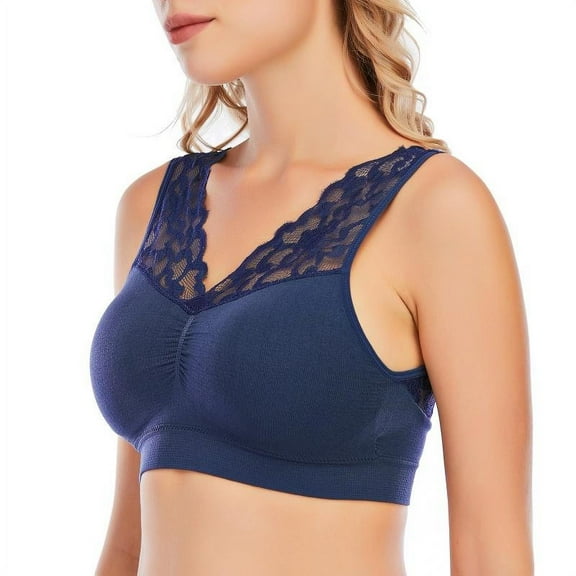 Sexy V Neck Lace Bras For Women, Brassiere Push Up Padded Bra Seamless Comfort Bralette, Breathable Fitness Gym Bra Large Size, Navy Blue, XL