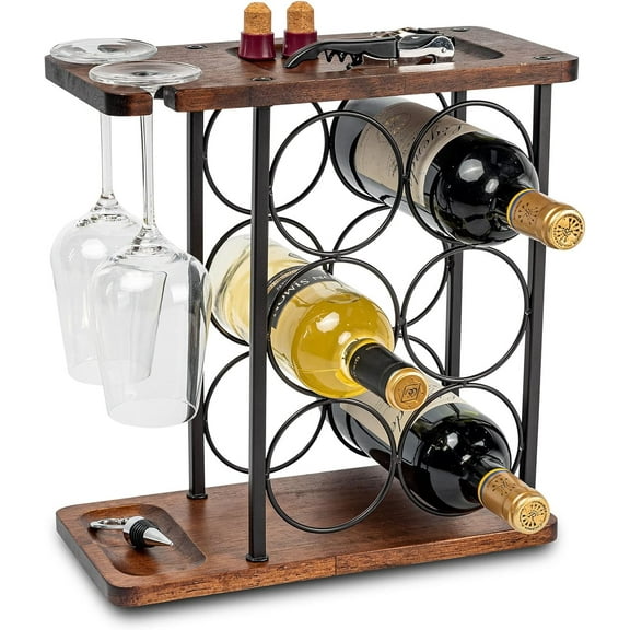Wine Racks Countertop, Wine Holder and Glasses Rack, Wooden Wine Stand with Tray, Perfect for Home Decor & Kitchen Storage Rack etc (Hold 6 Bottles and 2 Glasses)