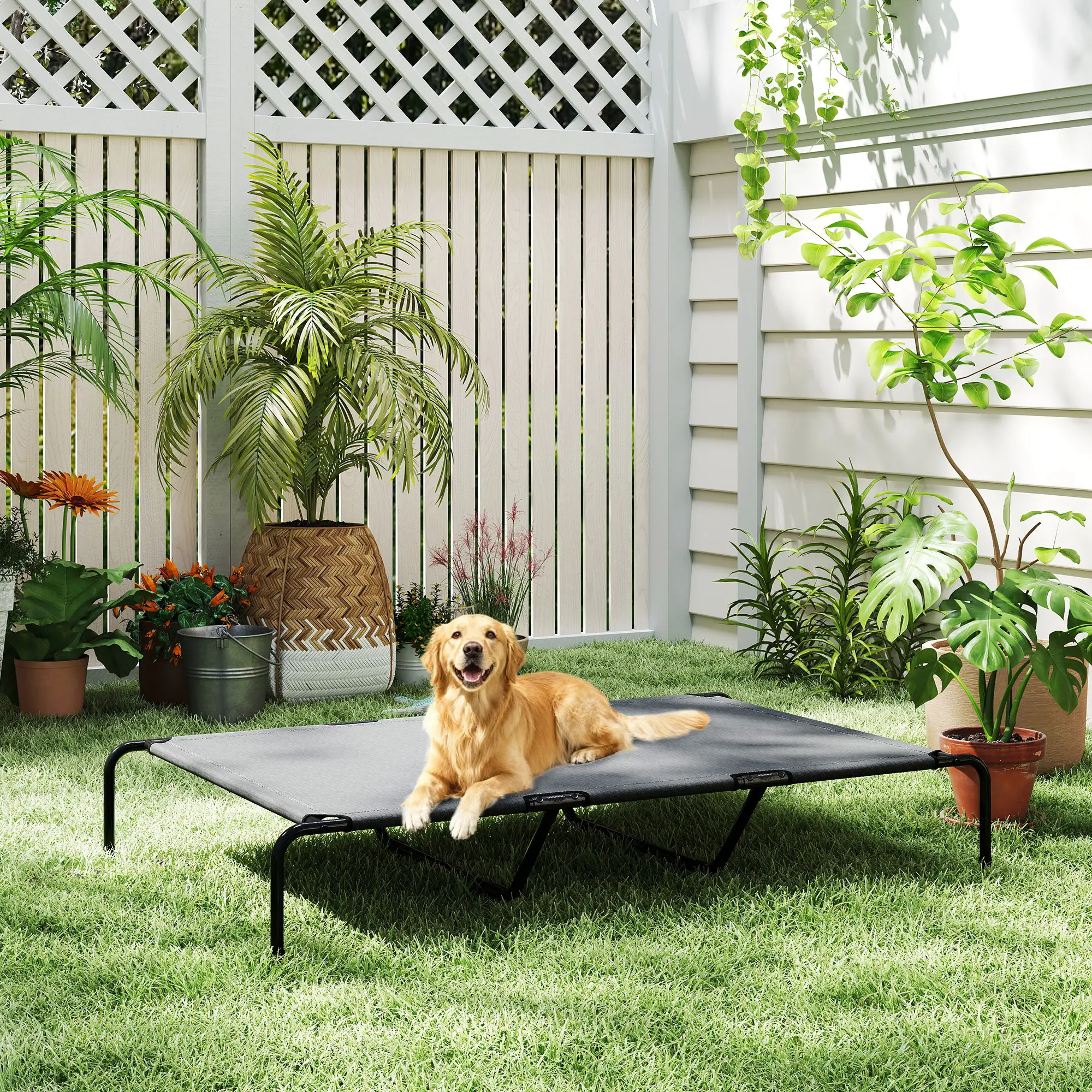 Dog Cot Cooling Pet Bed for Large Dogs Up to 149 Lbs 9.1" Elevated Breathable Mesh Bed Indoor Outdoor Use Black/Gray