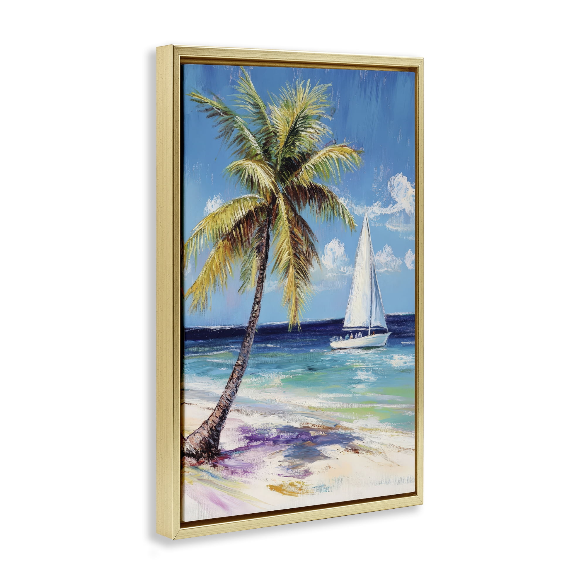 Stupell Industries Sailboat Delight with Palm Tree Gold Framed Floater Canvas Wall Art, design by Petal Prints Design