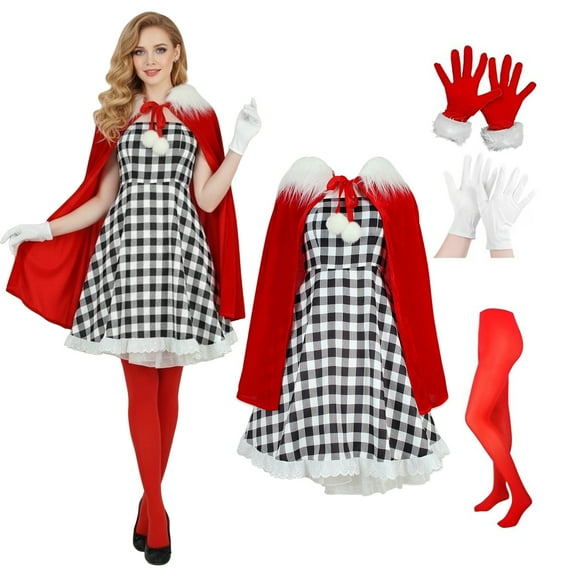 5PCS Christmas Dress Women Dress with Cape Gloves Christmas Outfit Accessories