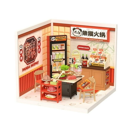 Rolife DIY Miniature Dollhouse Super Creator Panda Hot Pot Plastic Building Set Toys Playset Gifts for Teens Adults
