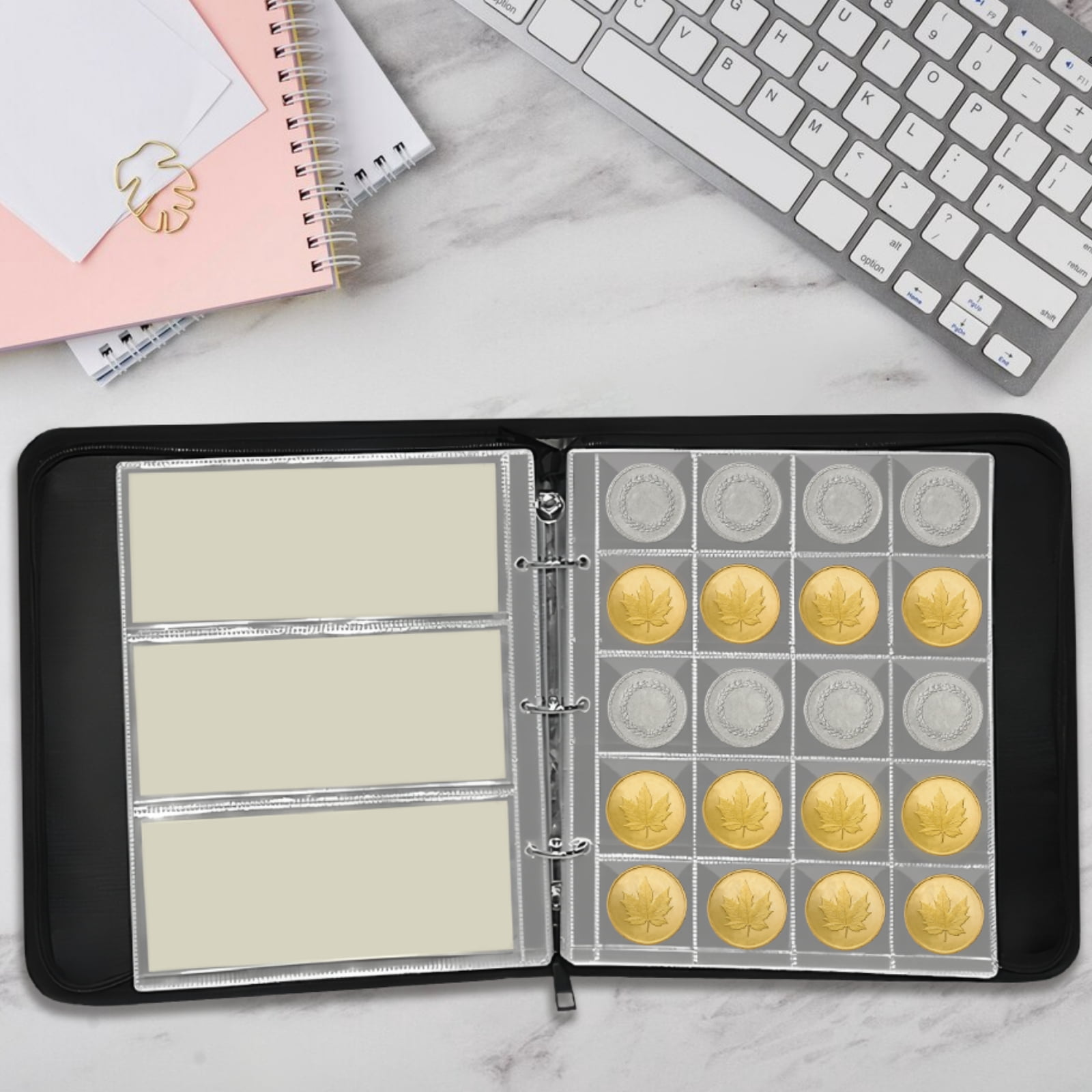 Coin Collection Book Holder for Collectors, 360 Pockets Fireproof Coins Collecting Album & 36 Sleeves Money Storage Case for Coin Currency Collection Supplies