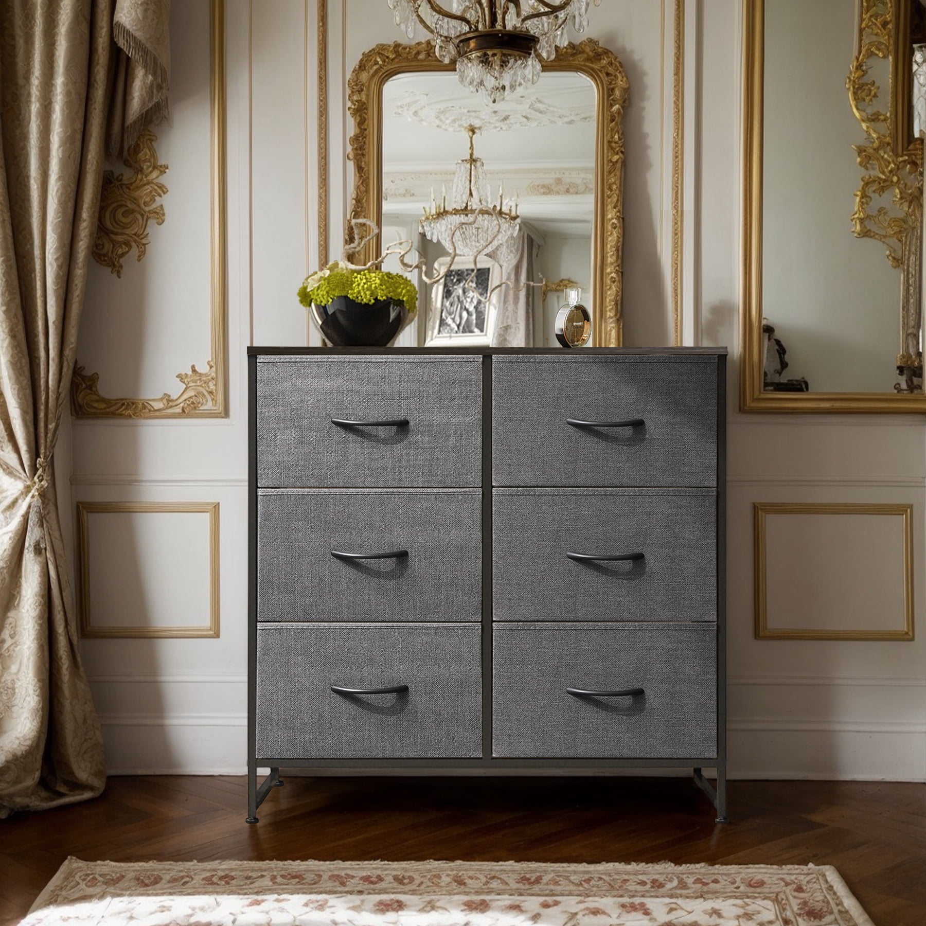 GALAXHERO 6 Drawer Fabric Dresser, Double Dresser with Storage Bins, Chest of Drawers for Bedroom, Living Room, Closet, Hallway, Dark Grey