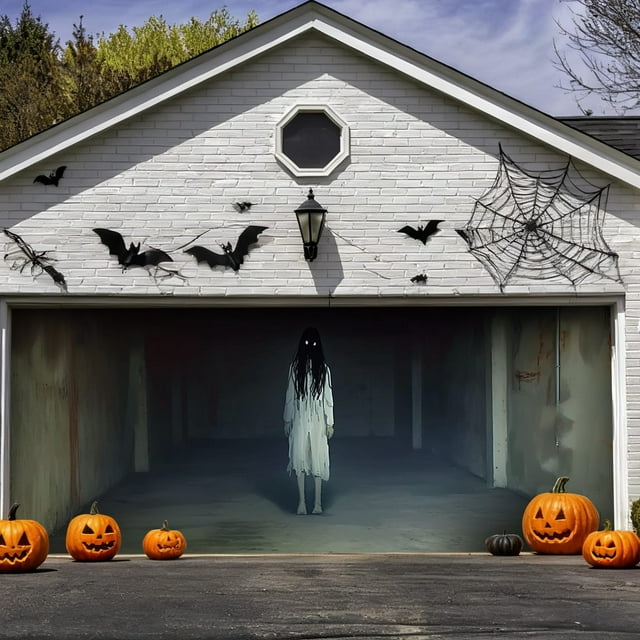Bannière de Porte de Garage d'Halloween Grande Enseigne Extérieure pour Cour avant Chauves-Souris Effrayantes Citrouilles Design Polyester Durable Résistant aux Intempéries Installation Facile Aucun Outil Requis pour les Fêtes d'Halloween Événements