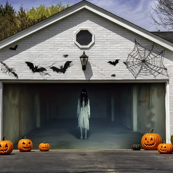 Bannière de Porte de Garage d'Halloween Grande Enseigne Extérieure pour Cour avant Chauves-Souris Effrayantes Citrouilles Design Polyester Durable Résistant aux Intempéries Installation Facile Aucun Outil Requis pour les Fêtes d'Halloween Événements