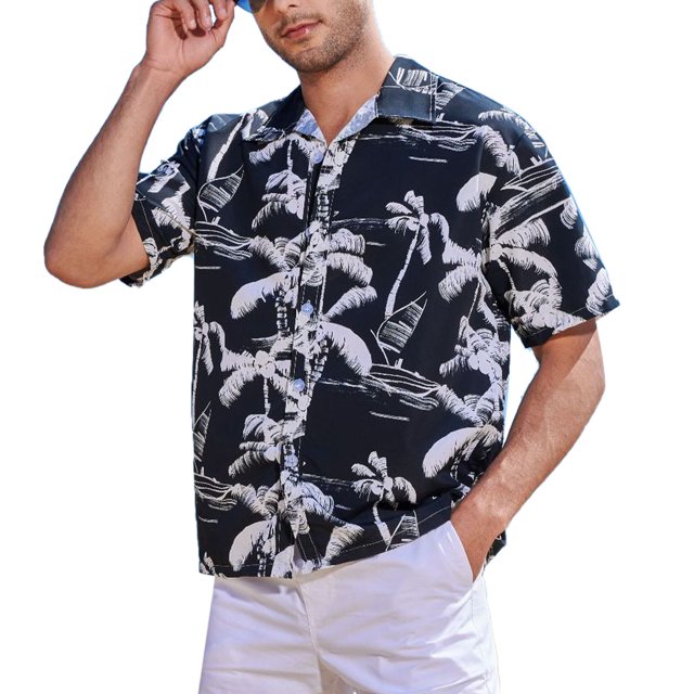 Camisa de manga corta para hombre, camisa hawaiana con estampado de coco Tropical y botones en la parte delantera, camisa con cuello vuelto Vintage