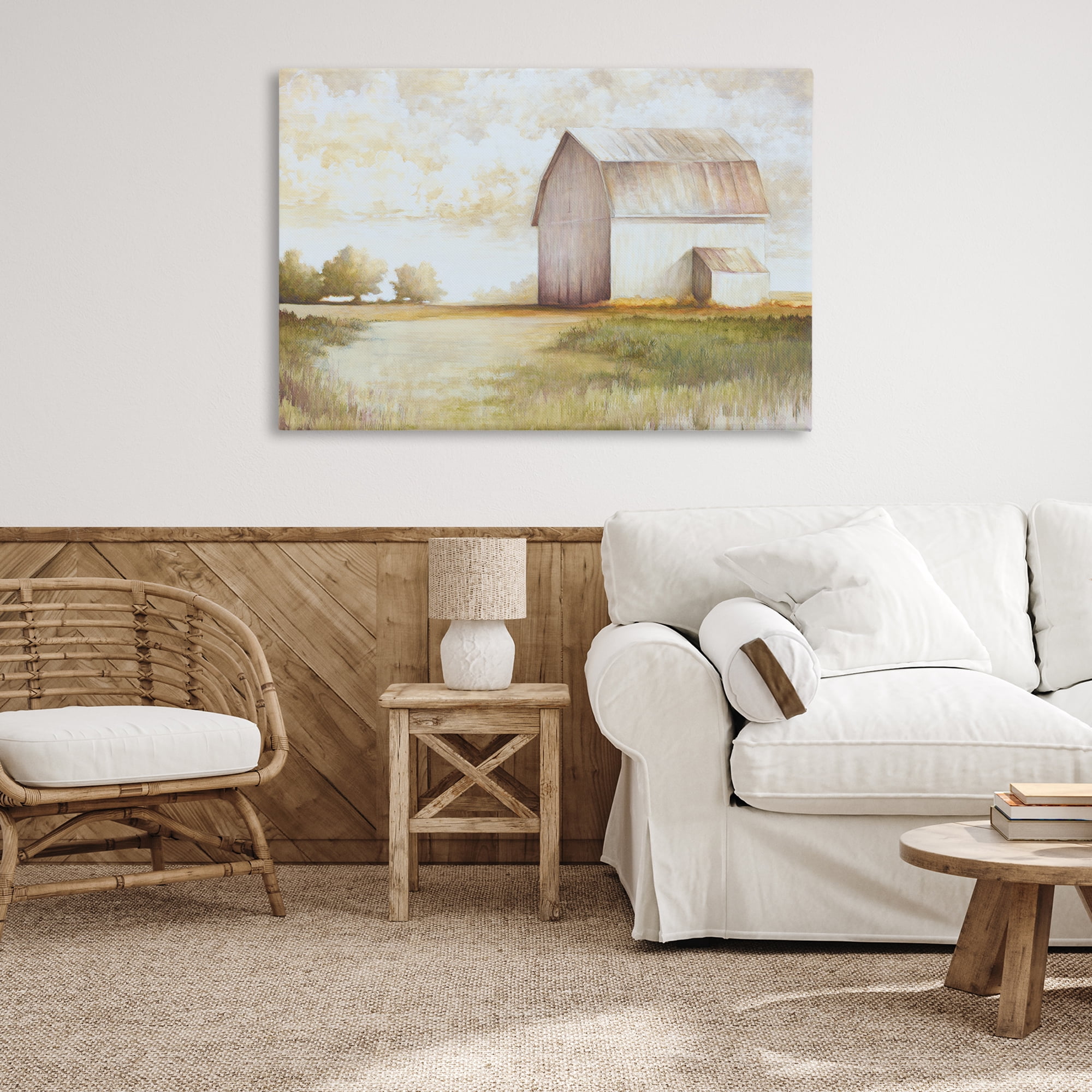 Stupell Industries Neutral Distant Barn Landscape Painting Gallery Wrapped Canvas Art Print Wall Art, 45 x 30