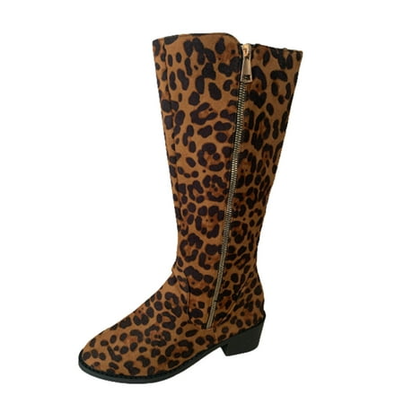 

Leopard Print Knee High Boots for Women Chunky Heel Pointed Toe Western Boots Dressy Faux Suede Mid Calf Boots