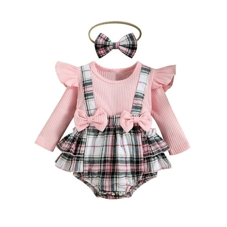 

elfinBE Newborn Baby Girl Ruffle Fake Two-piece Check Long Sleeve Romper And Hairband Two-pieces Outfits Set 0-18M