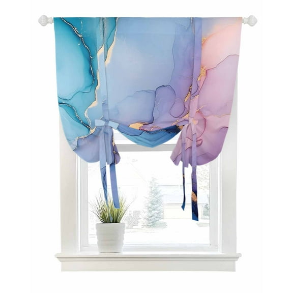 Blue Purple Pink Ombre Tie Up Curtains for Window, Thermal Insulated Balloon Shade Adjustable Rod Pocket Curtains Valance Panels for Kitchen Bathroom Cafe 52 x 63 Modern Marble Abstract