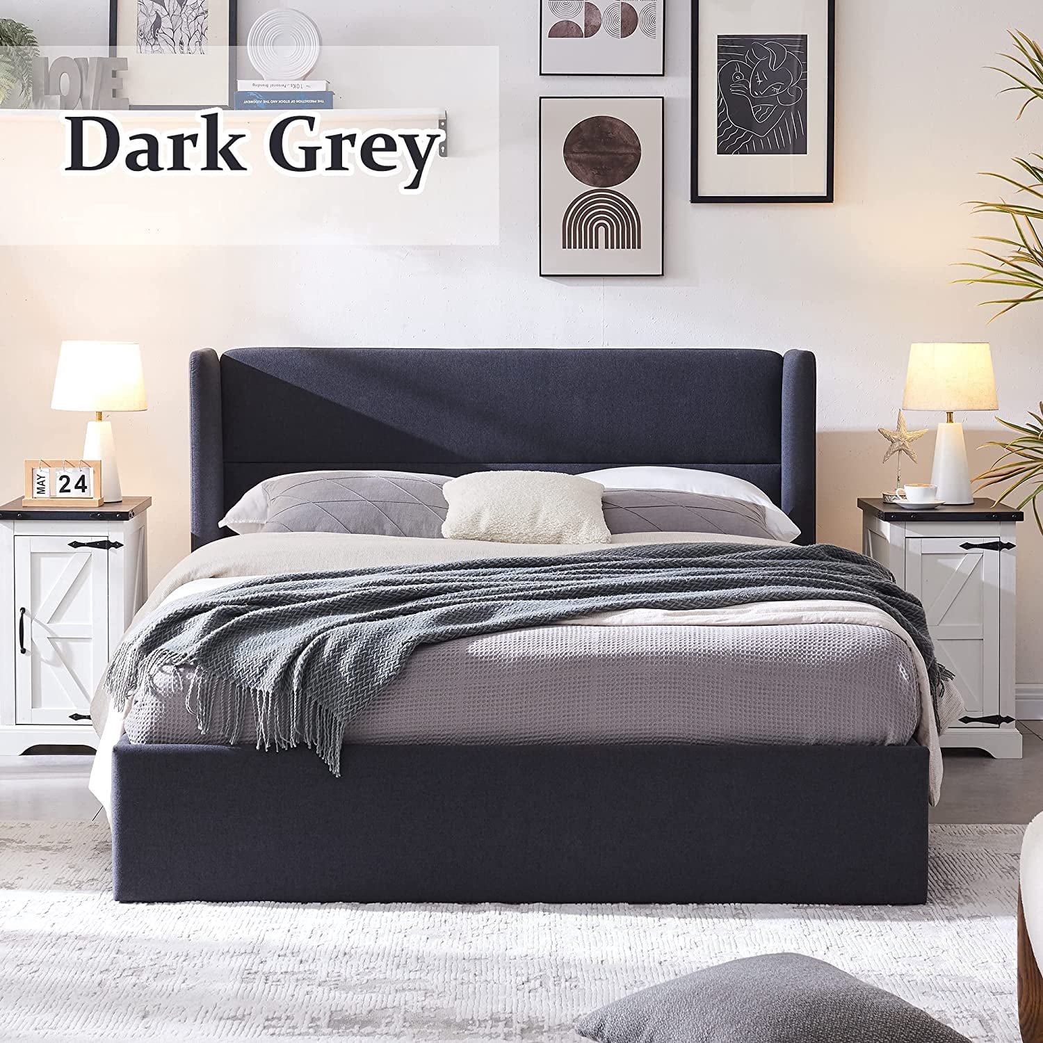 Relax & Rejuvenate Queen Size Lift up Storage Bed, Upholstered Platform Bed Frame with Modern Linen Fabric Wingback Headboard, Wood Slats Support, Noiseless, No Box Spring Needed, Dark Grey